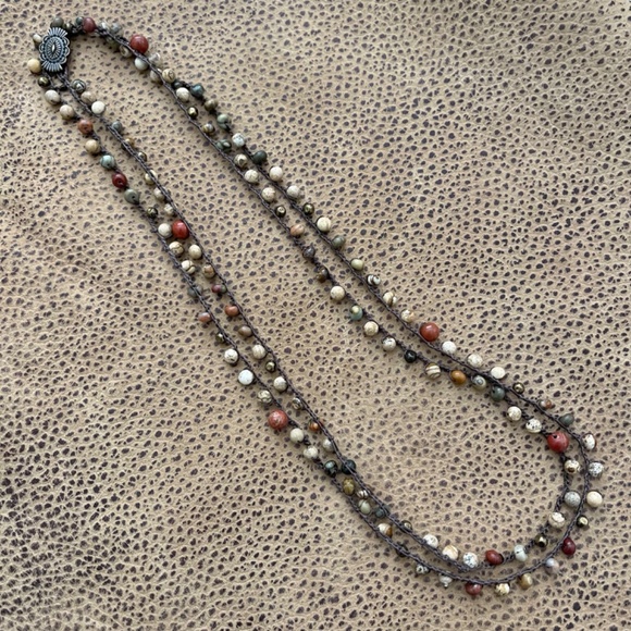 ARTISAN Necklace Jasper Mix on Chocolate Long Crocheted Wrap and Earrings Set - Picture 4 of 15